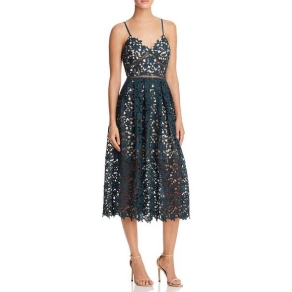 AQUA Emerald Hunter Green Azalea Illusion Crochet Lace Midi Dress Size Medium - Picture 1 of 7